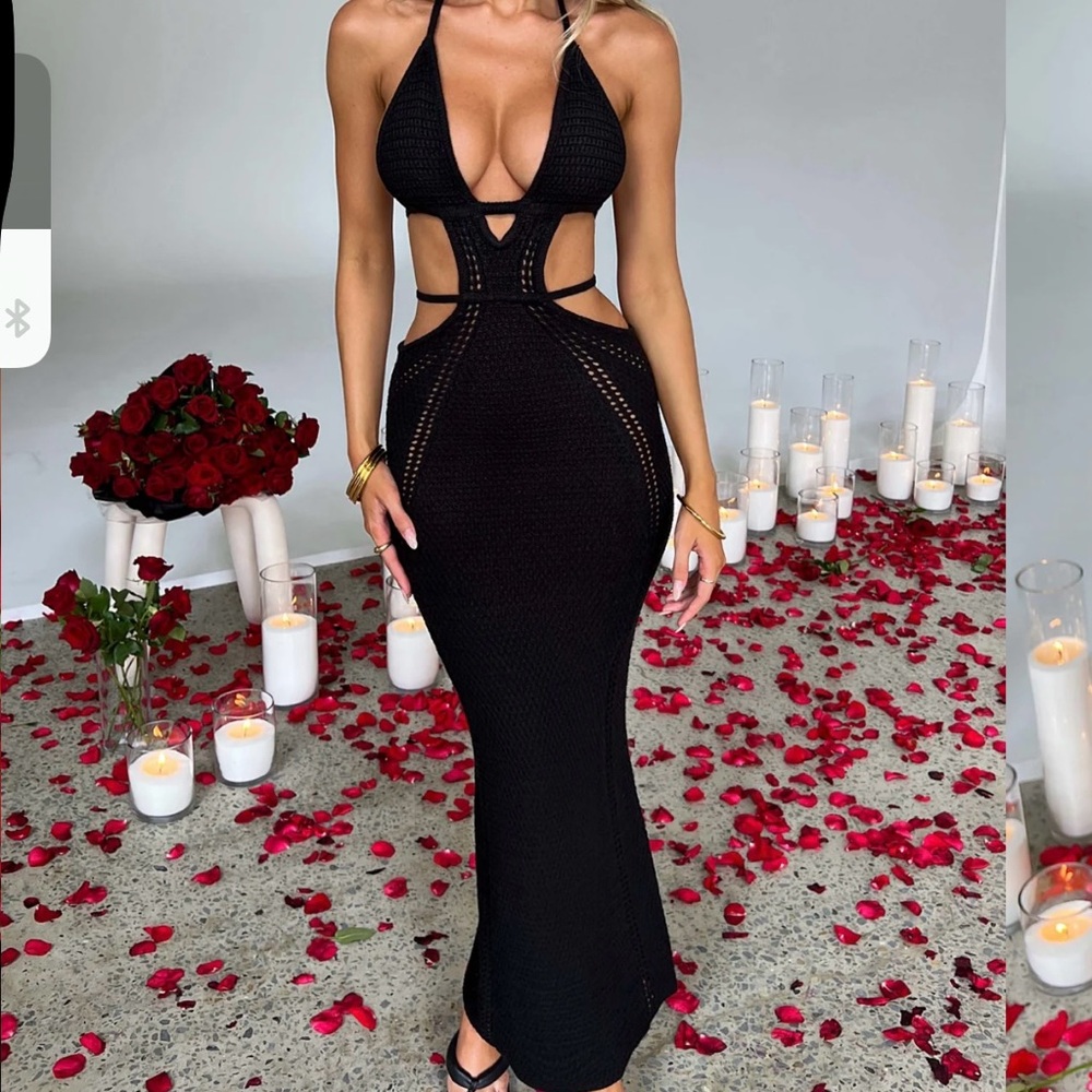 Elegant Black Crochet Halter Dress by Babyboo. Size Small.